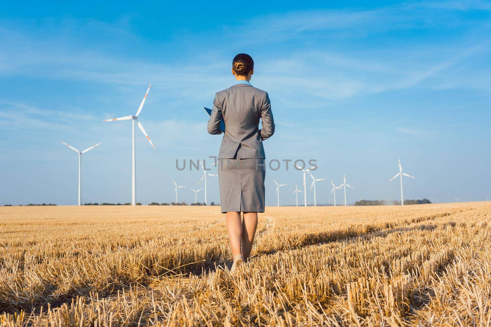 Investor in wind turbines with computer evaluating her investment on site