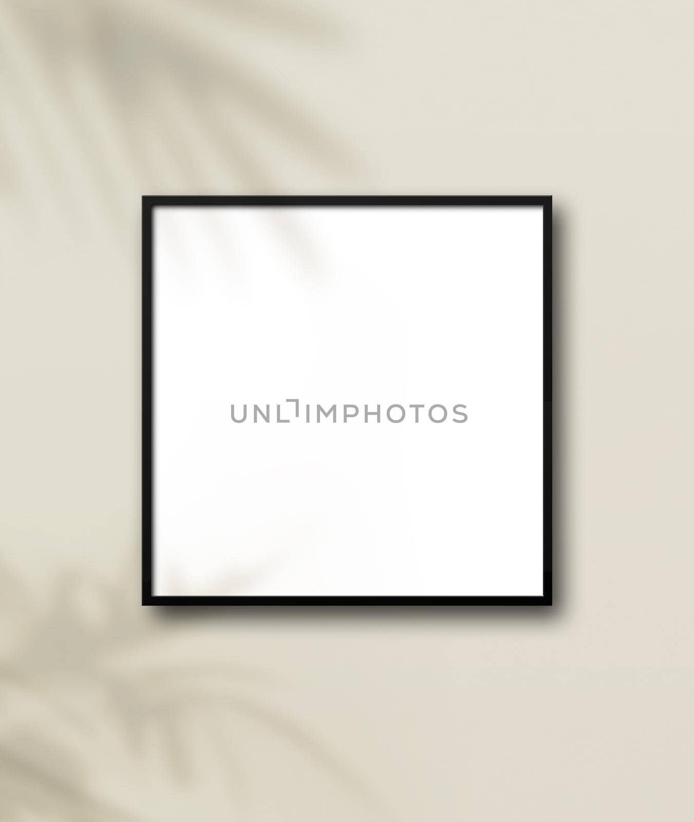 Black square picture frame hanging on a light beige wall. Floral shadows. Blank mockup template