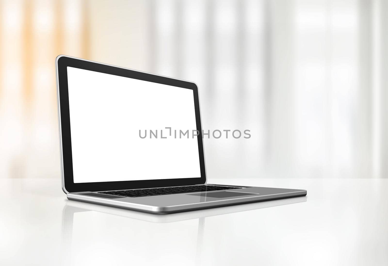 3D blank laptop computer isolated on office desk interior background. Illustration