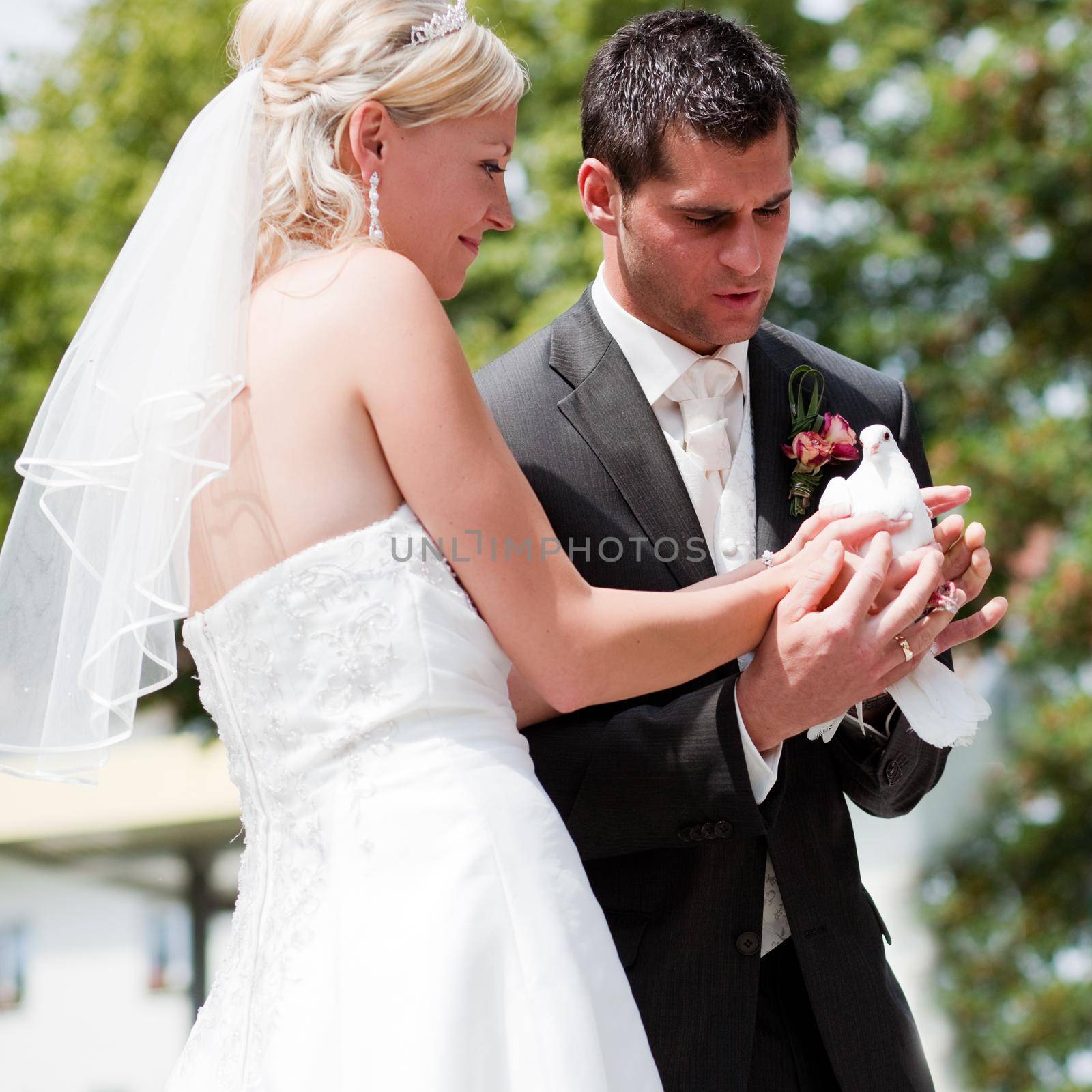 Happy wedding couple, they are holding doves in their hands and want to let them fly free as a symbol of love