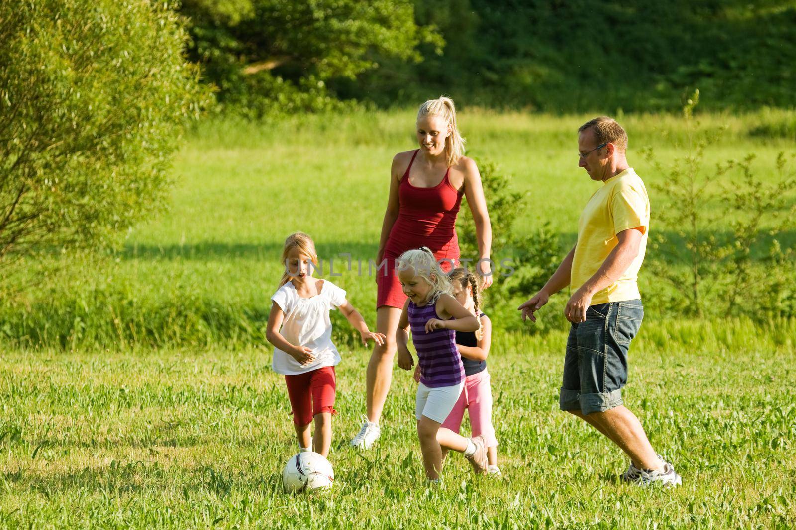 Happy family playing football (well, soccer for North America) on a green, sunlit meadow