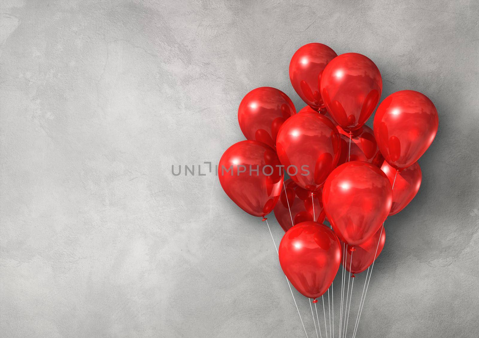 Red air balloons group on a light concrete wall banner. 3D illustration render