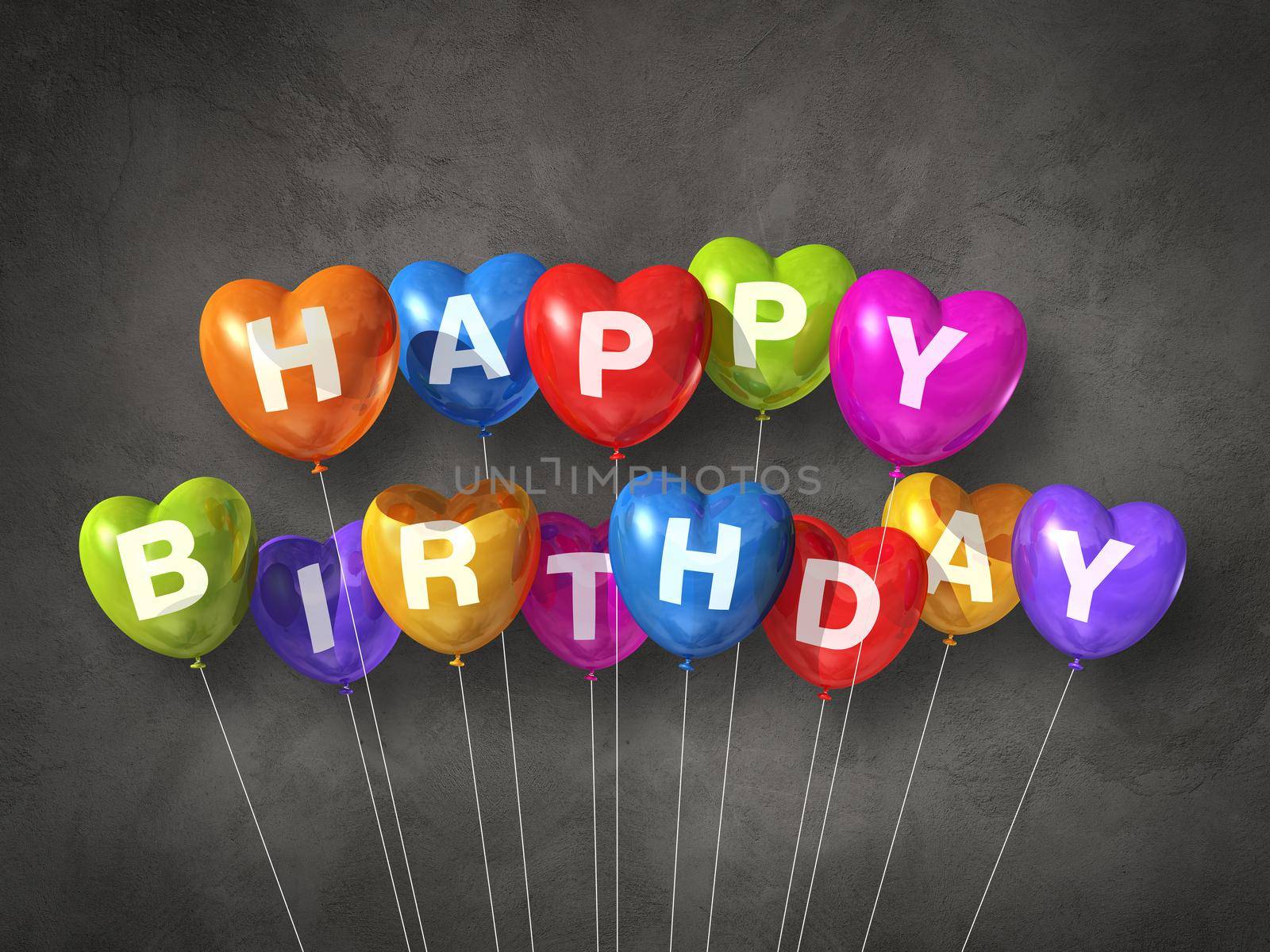 Colorful happy birthday heart shape air balloons on a concrete background. 3D illustration render