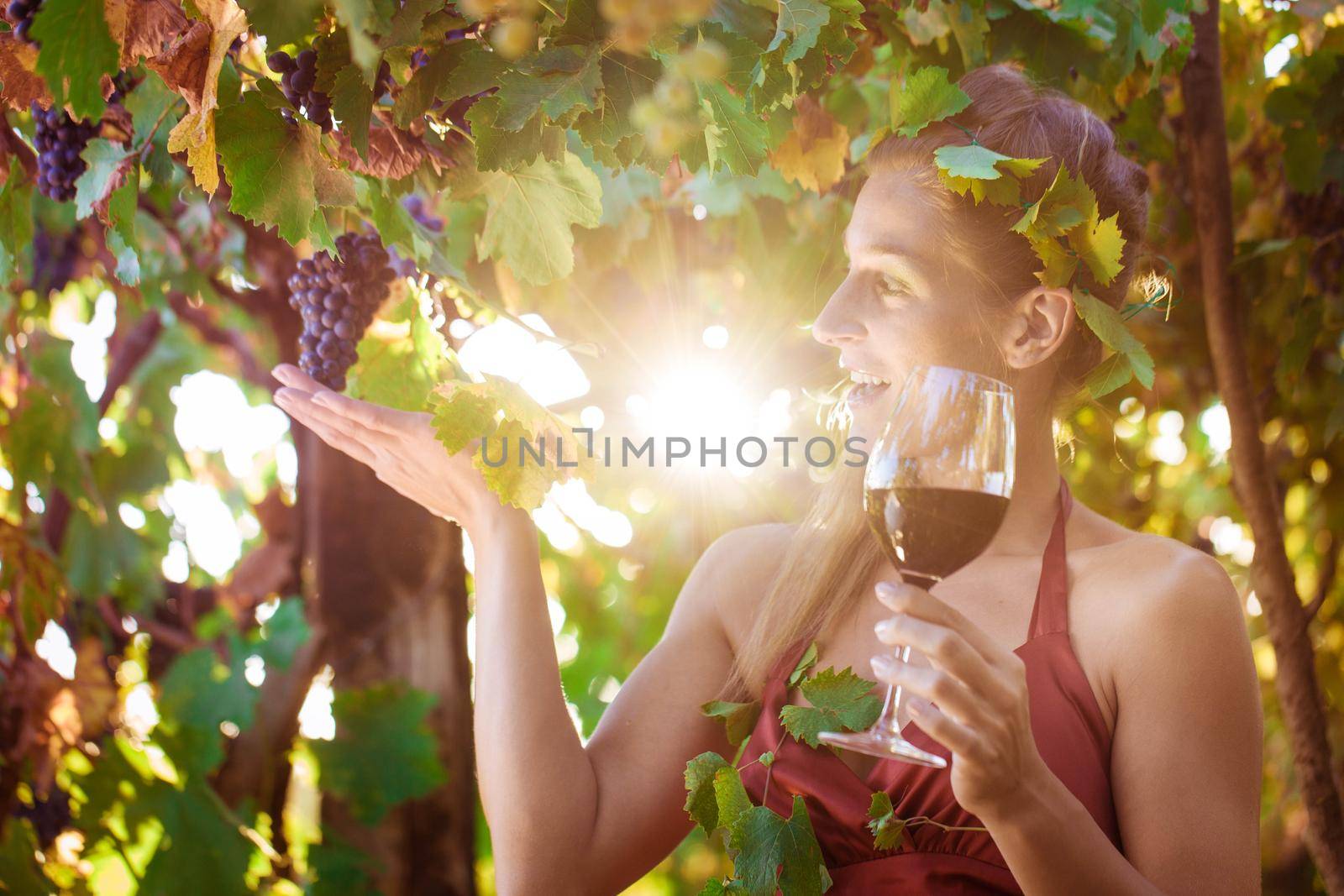 Wine queen visiting her vineyard with sun shining though the vines