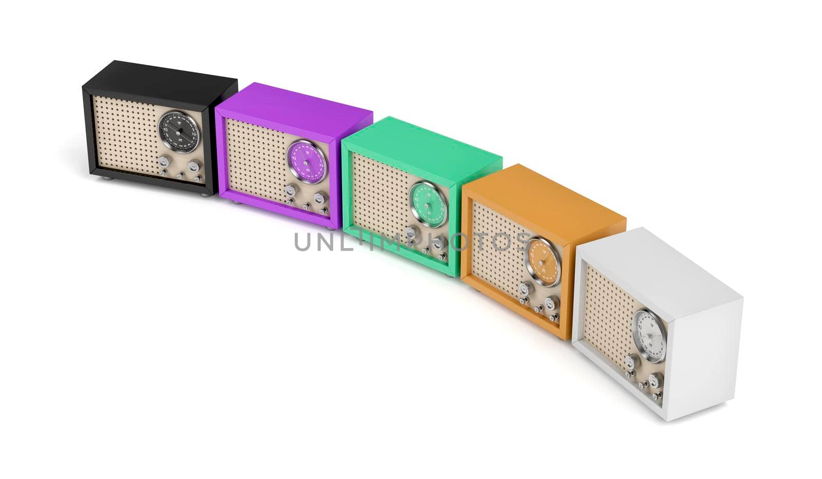Group of multicolor radios with retro design on white background