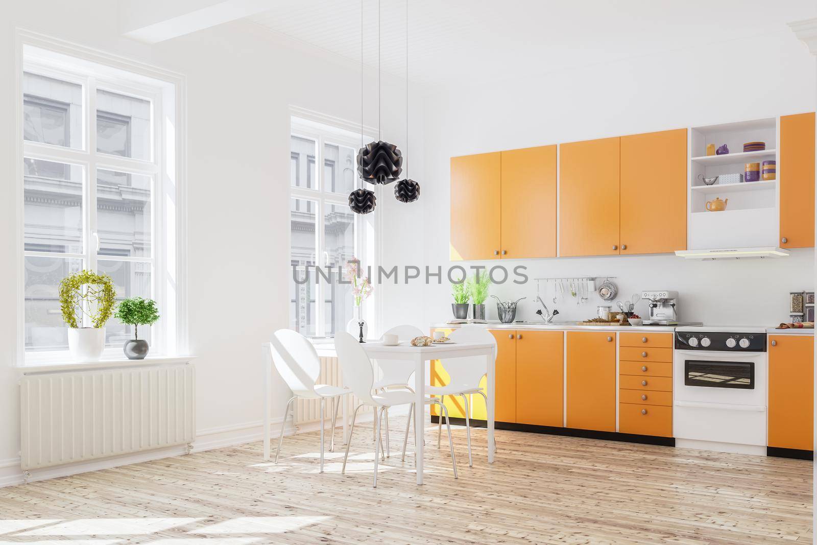3d rendering of kitchen interior in modern home with dinner table