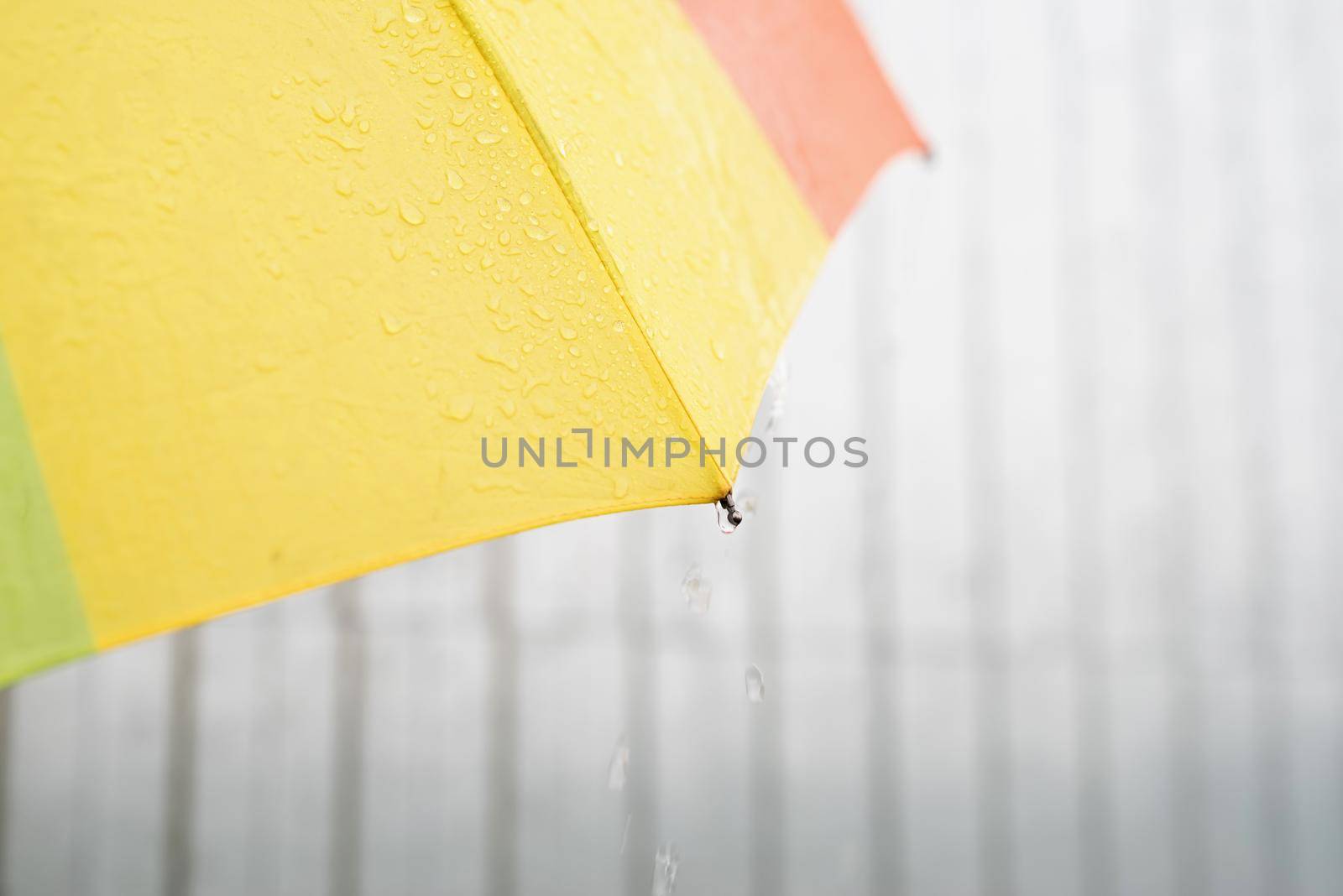 Close up of colorful umbrella part with raindrops by Desperada