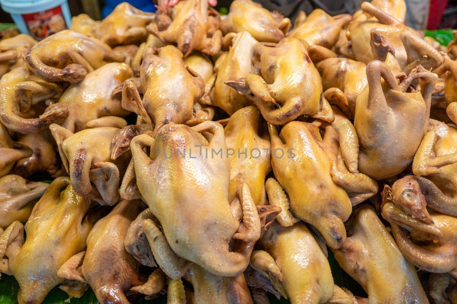 Chinese New Year's Eve :  boiled chicken on sales at market for chinese new year festival.