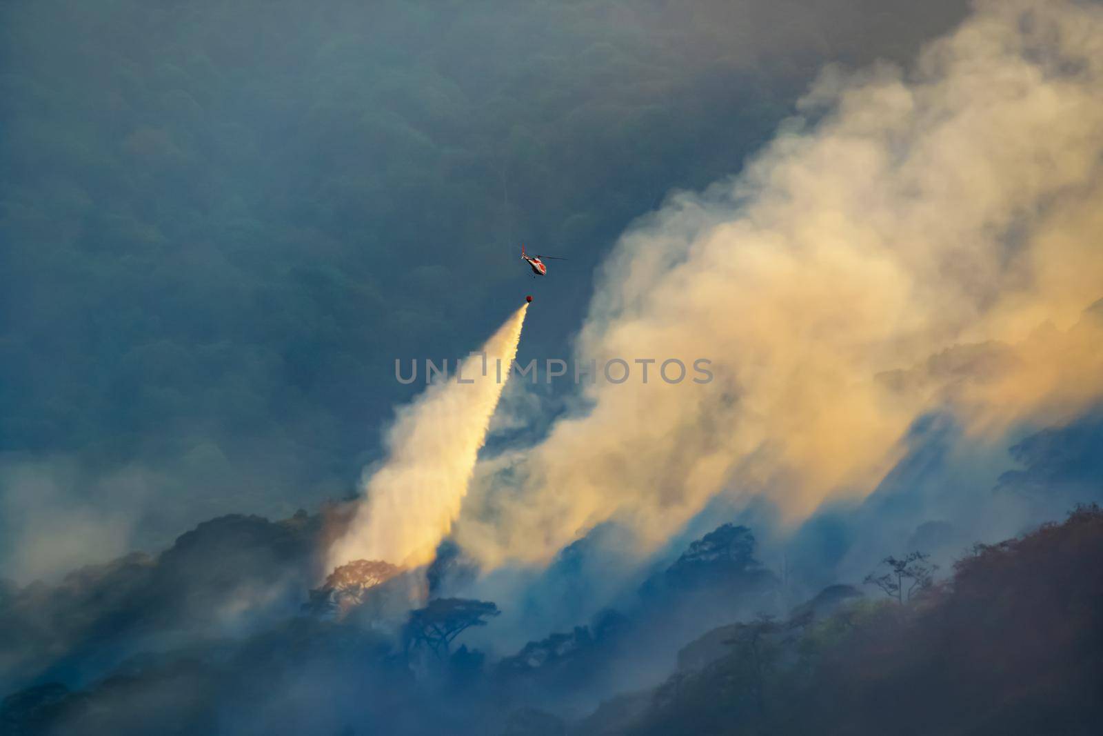 Firefighting helicopter dropping water on forest fire