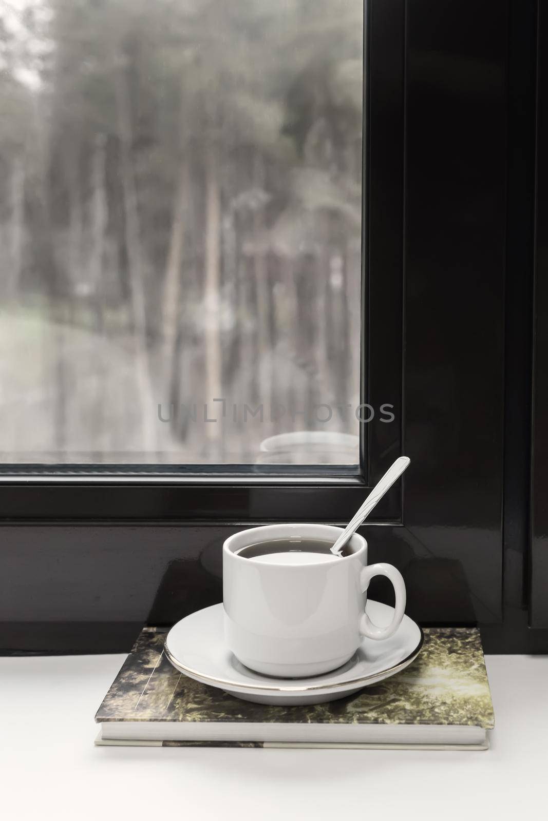 On the windowsill at the open window, a Cup of tea and a book, outside the window a view of the autumn Park.