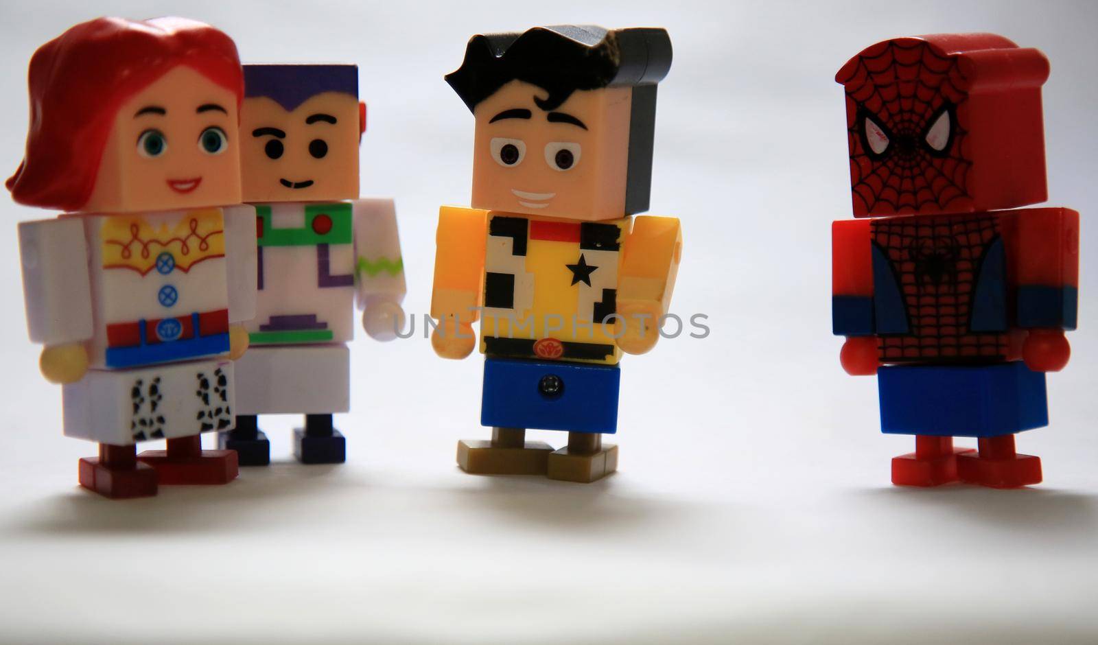 salvador, bahia / brazil - may 20, 2020: Jessie, Buzz Lightyear and Sheriff Woody character from the Toy Story and Spider man cartoon, made with 3d printer.
