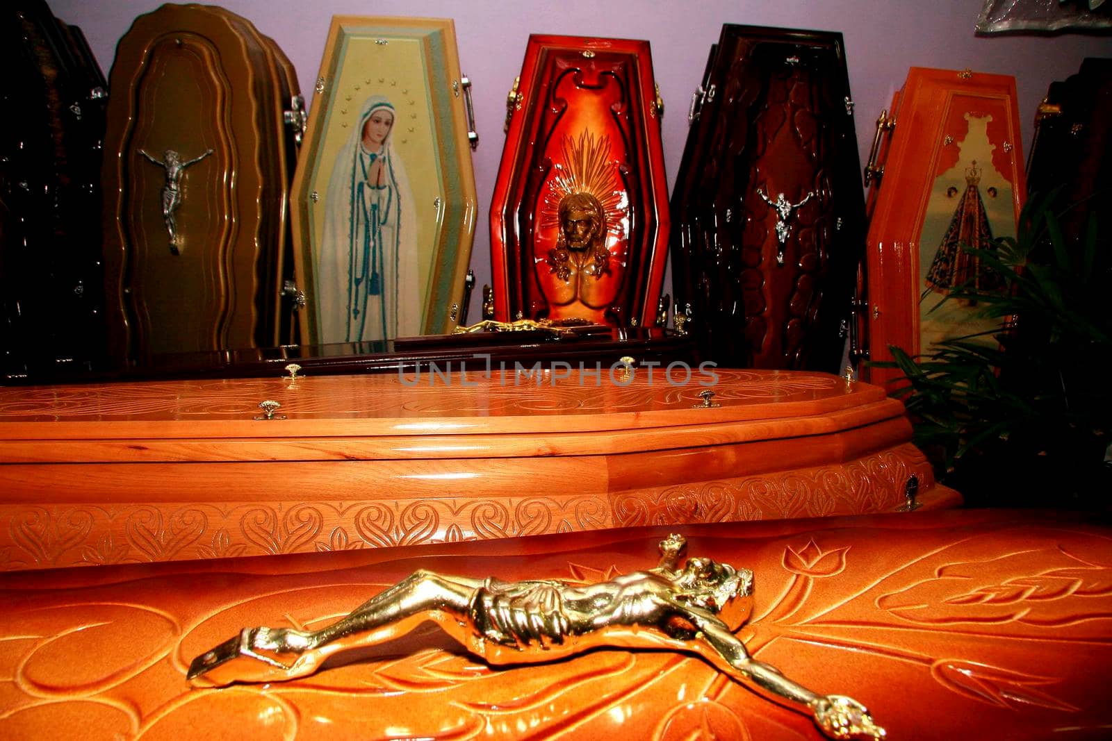 eunapolis, bahia / brazil - march 18, 2009: Funeral urn is seen at Dead Man's Coffin sale store in Eunapolis City.


