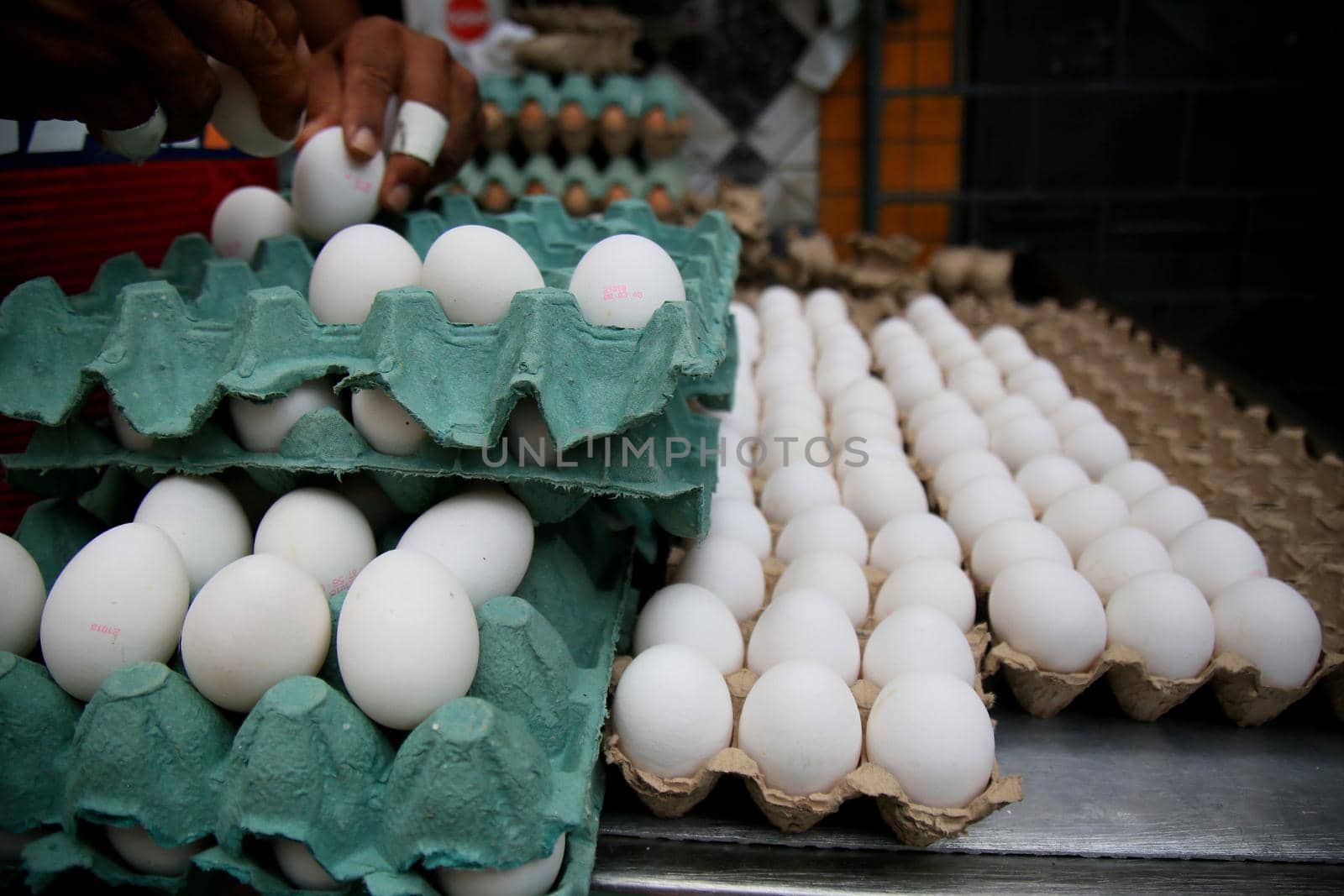 salvador, bahia, brazil - january 27, 2021: chicken eggs are seen for sale at the fair in japan, in the Liberdade neighborhood in the city of Salvador.