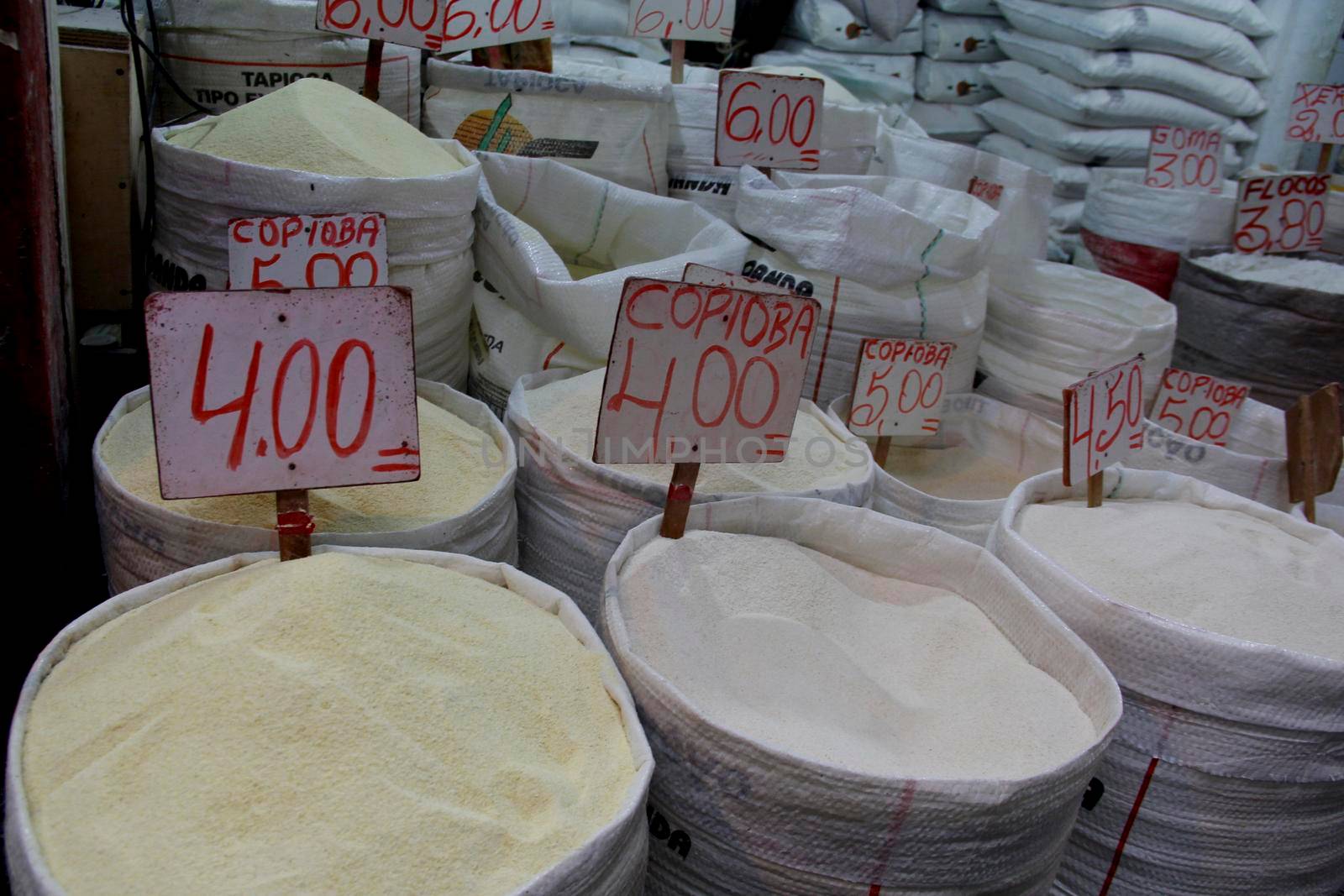 salvador, bahia / brazil - april 21, 2013: manioc flour for sale at the Sao Joaquim fair in the city of Salvador.