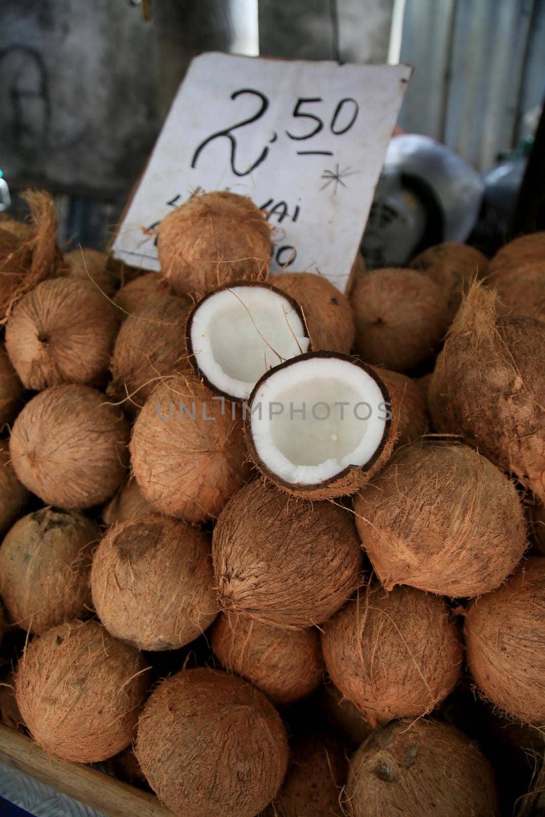 salvador, bahia, brazil - january 27, 2021: broken dry coconut is seen for sale at the fair in japan, in the Liberdade neighborhood in the city of Salvador.