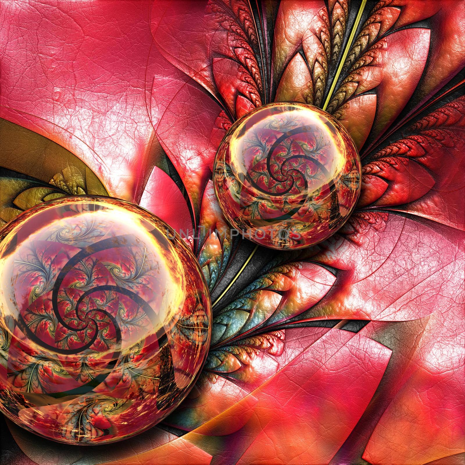 3D rendering combo artwork with fractal on leather and fractal glossy buttons