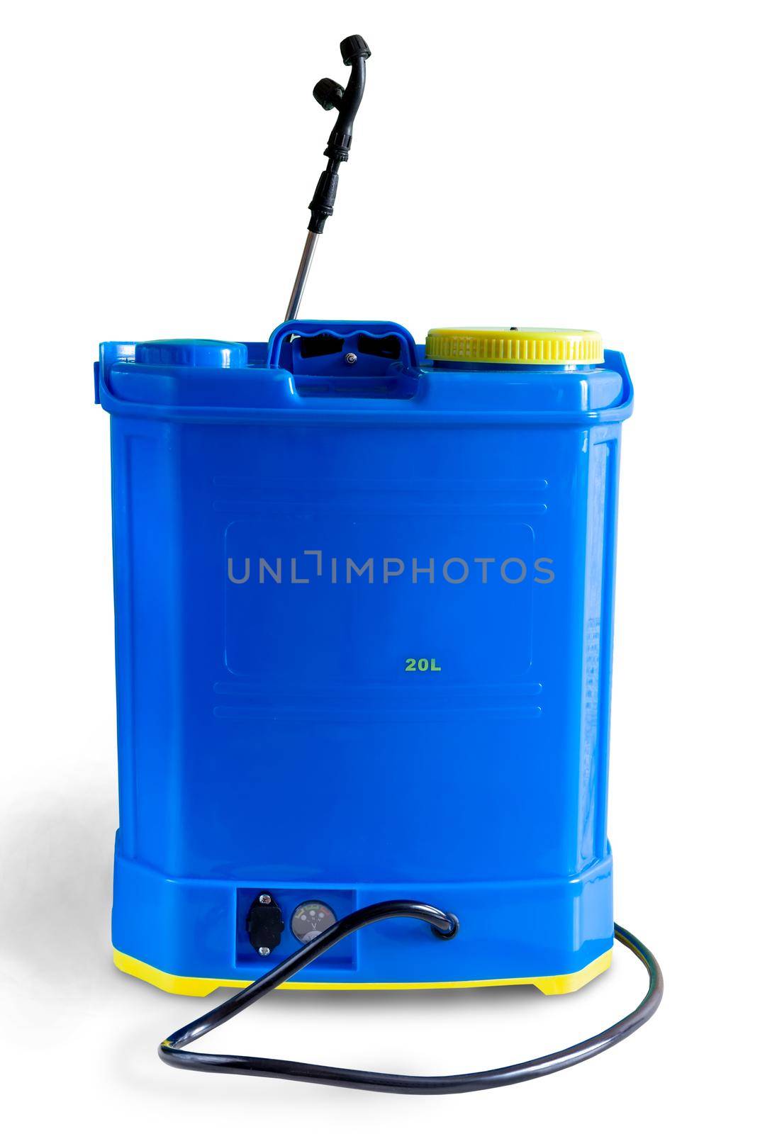 Backpack battery sprayer for protecting trees and plants from diseases and pests. The pressure is increased by a battery-operated pump. Front view. Isolated on a white background.