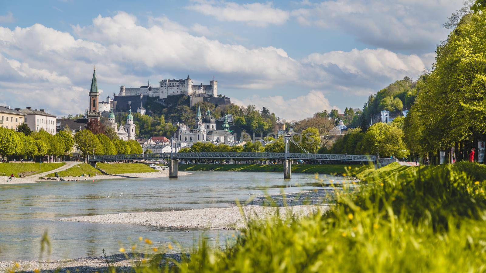 Idyllic panoramic city landscape of Salzburg in Summer