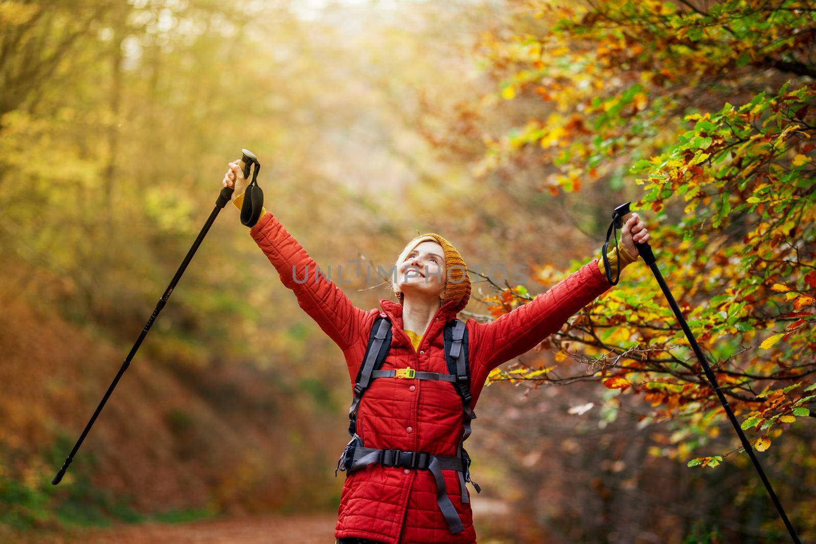 Hiking girl with poles and backpack on a trail. Hands up enjoying in nature. Travel and healthy lifestyle outdoors in fall season. by kokimk