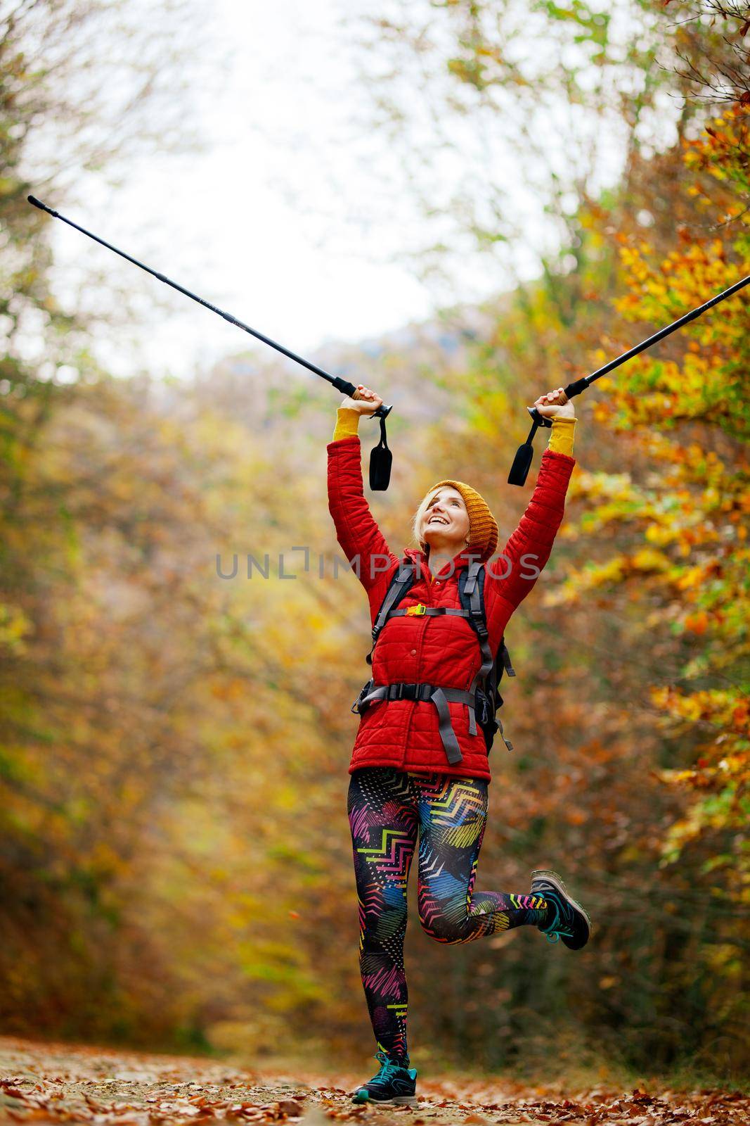 Hiking girl with poles and backpack on a trail. Hands up enjoying in nature. Travel and healthy lifestyle outdoors in fall season.