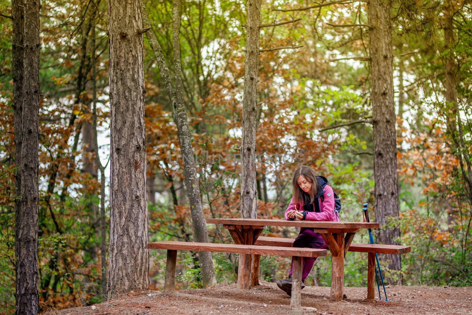 Hiker girl resting on a bench in the forest. Backpacker with pink jacket in nature. by kokimk