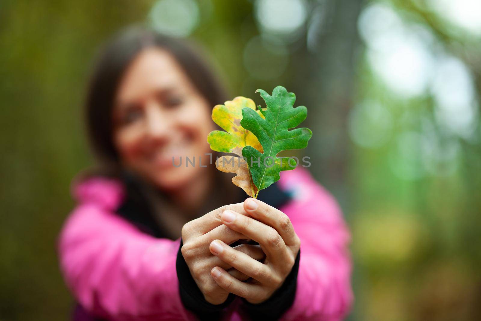 Girl in pink holding two autumn leaves. Fall season in the mountaing. Focus on leaves. by kokimk