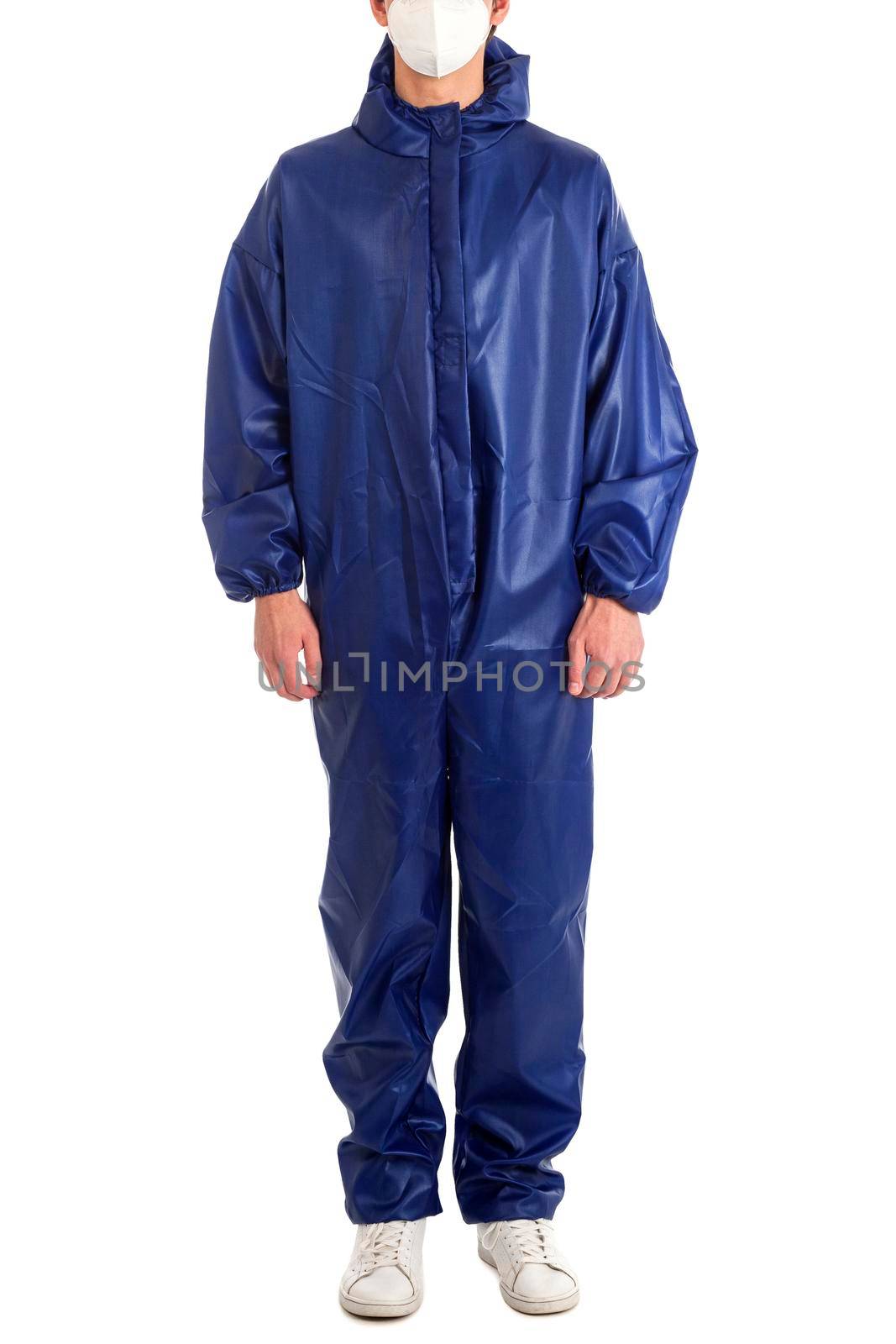 Man wearing blue protective suit and mask isolated on white background by Nobilior