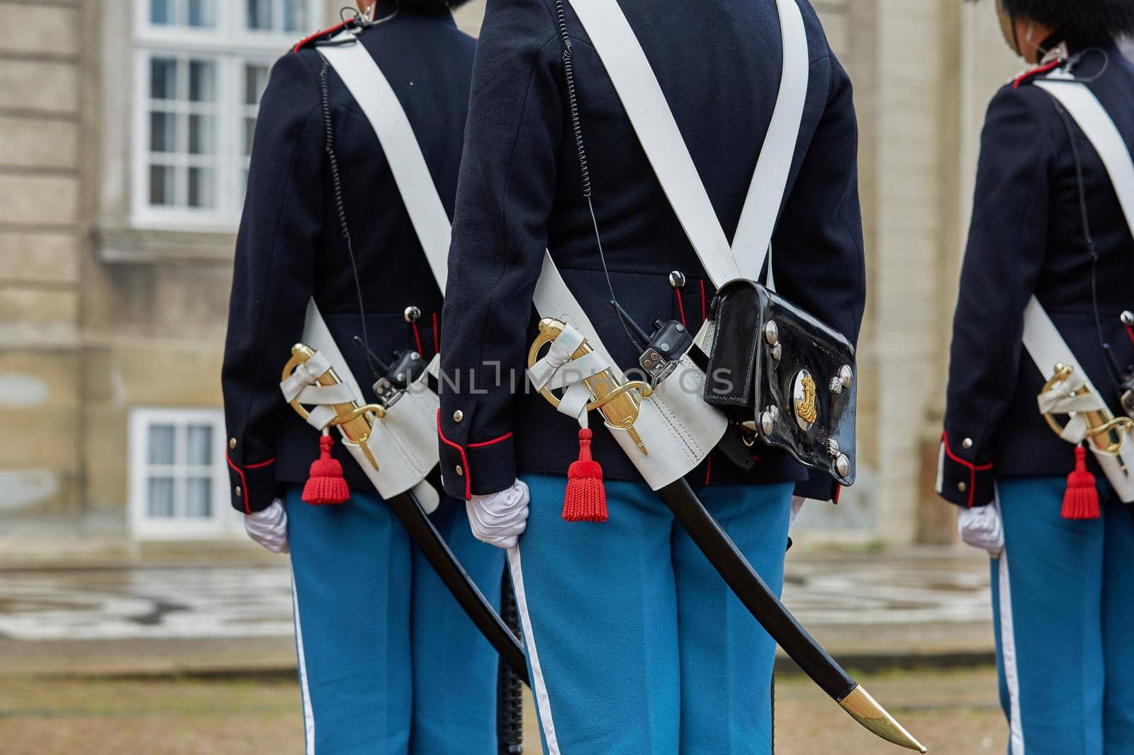 COPENHAGEN, DENMARK - SEPTEMBER 16, 2017: Detail of Royal Guards during the ceremony of changing the guards on the square at Amalienborg Castle, Copenhagen, Denmark