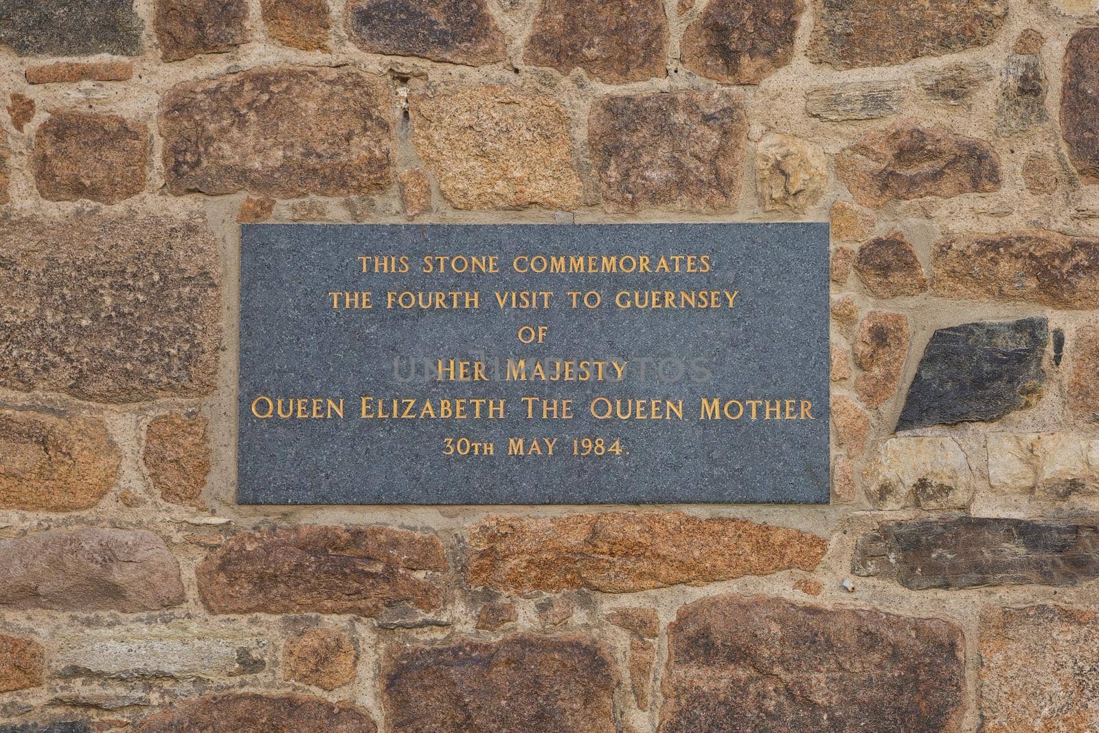 ST. PETER PORT, GUERNSEY, CHANNEL ISLANDS - AUGUST 16, 2017: Dedication to Queen Elizabeth the Queen Mother commemorating the date of her fourth visit of Guernsey.