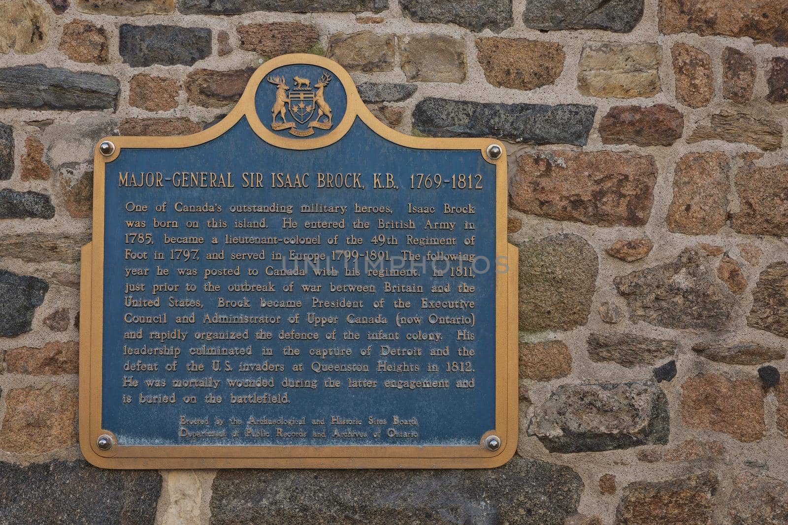 ST. PETER PORT, GUERNSEY, CHANNEL ISLANDS - AUGUST 16, 2017: Dedication to Major-General Isaac Brock commemorating his life as a local resident ofmSt. Peter Port in Guernsey.