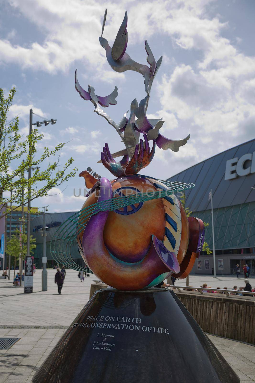 LIVERPOOL, ENGLAND, UK - JUNE 07, 2017: Peace on earth sculpture in honour of John Lennon, Liverpool, Merseyside, England, UK, Western Europe