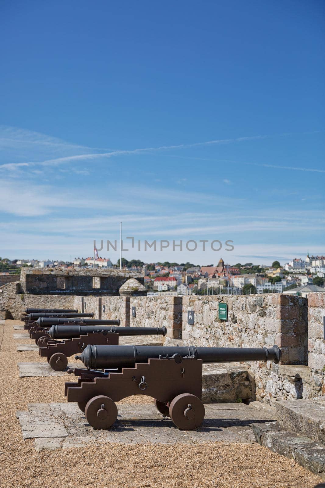 ST. PETER PORT, GUERNSEY, UK - AUGUST 16, 2017: Traversing Carriage Cannon at Castle Cornet in St Peter Port, Guernsey, UK.