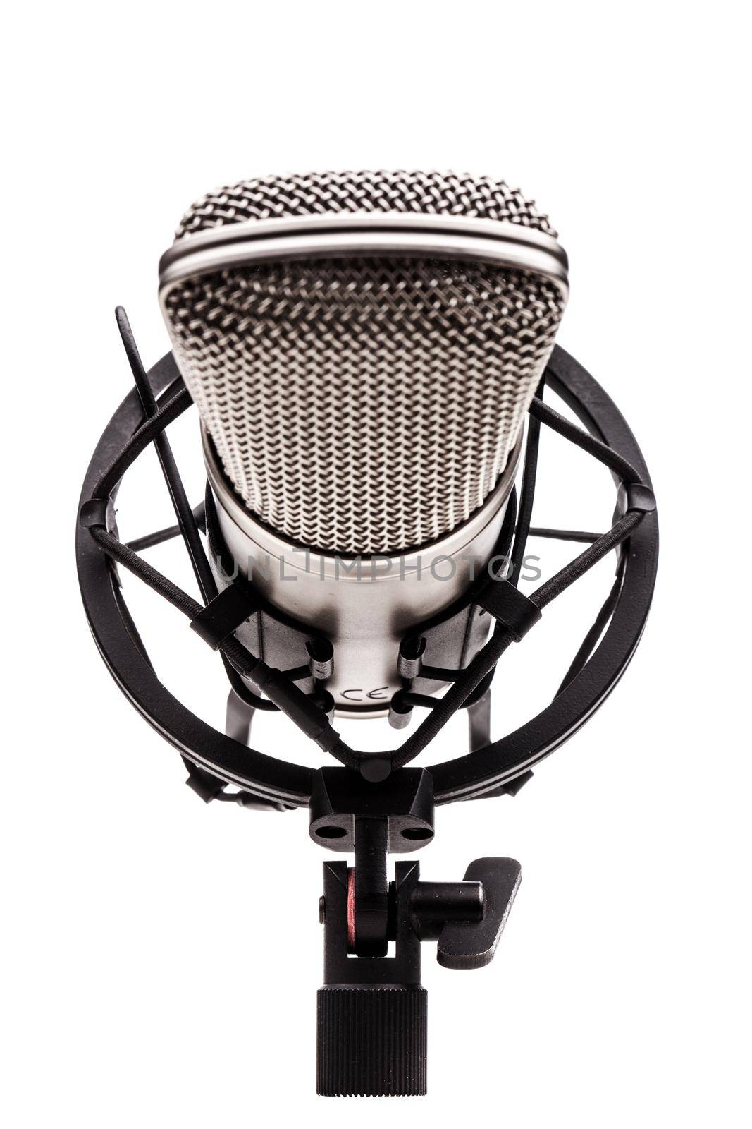 professional studio microphone on a vibrations stand, against white background