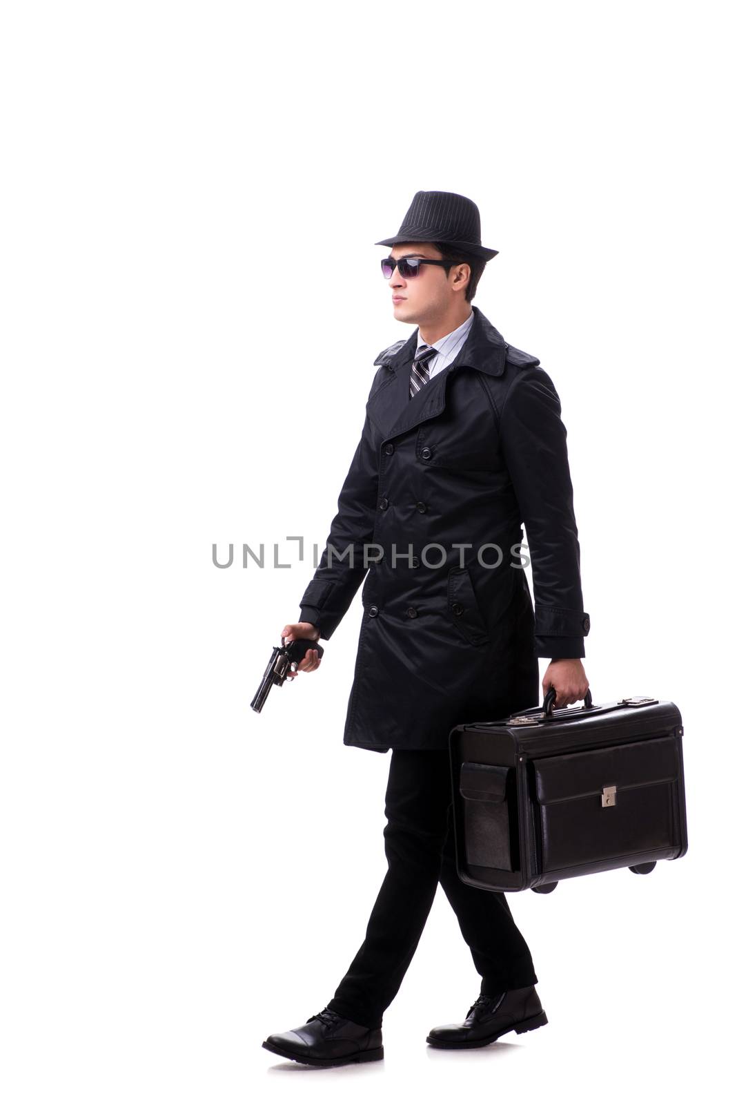 Man spy with handgun isolated on white background
