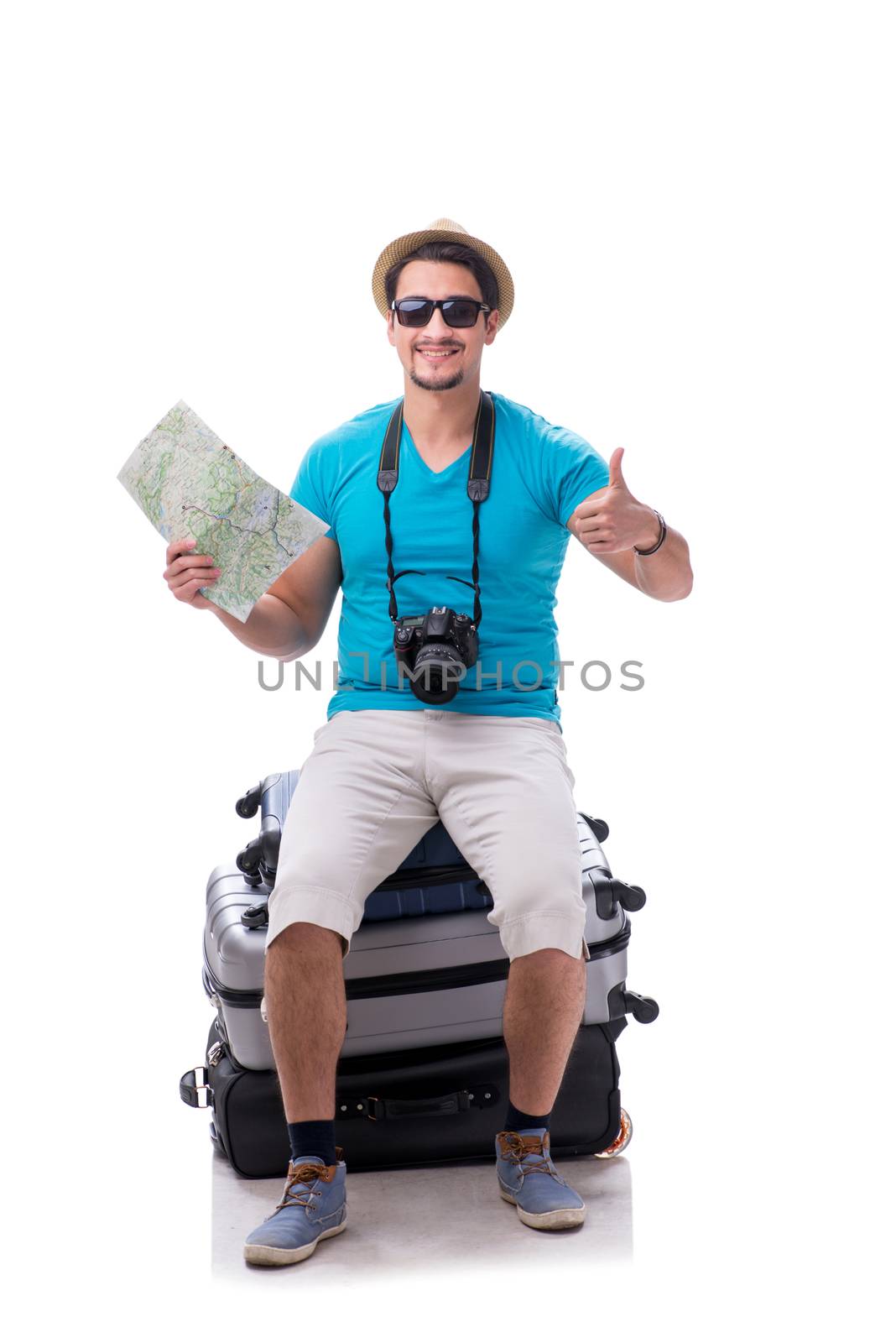 Traveler with much luggage isolated on white background