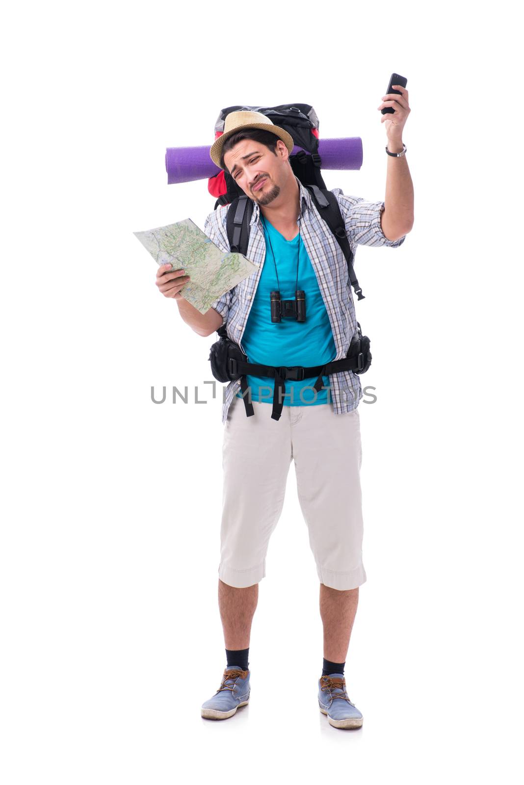 Man lost and looking for direction with map on white