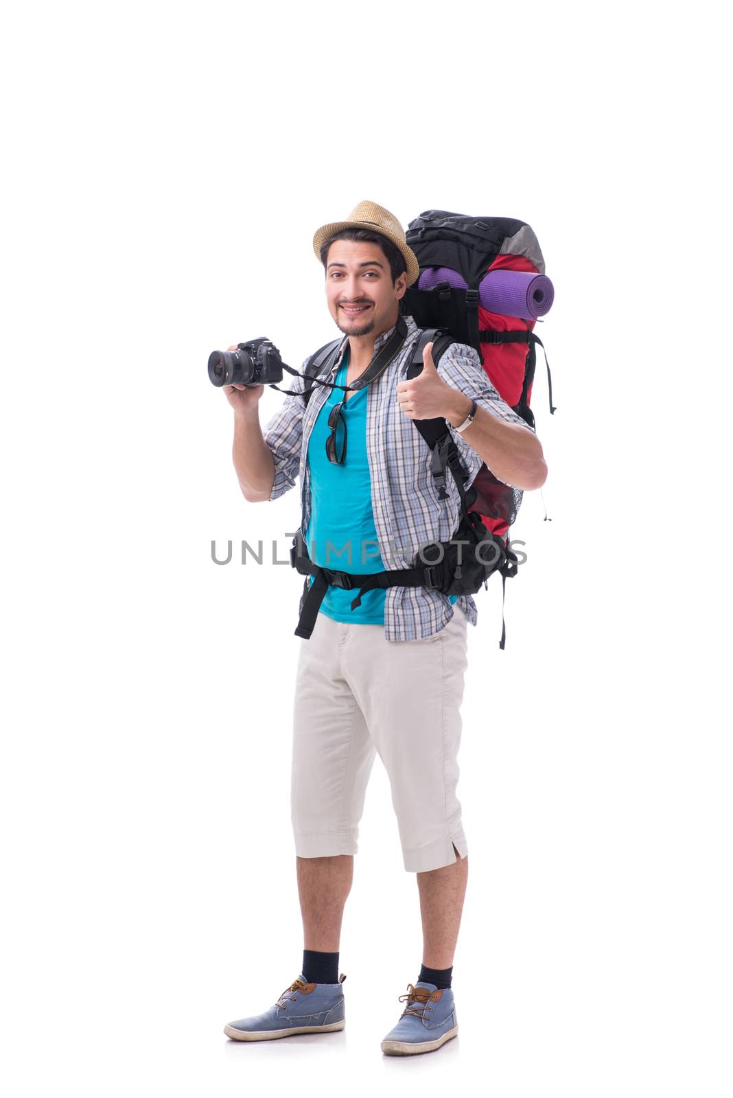 Backpacker with camera isolated on white background