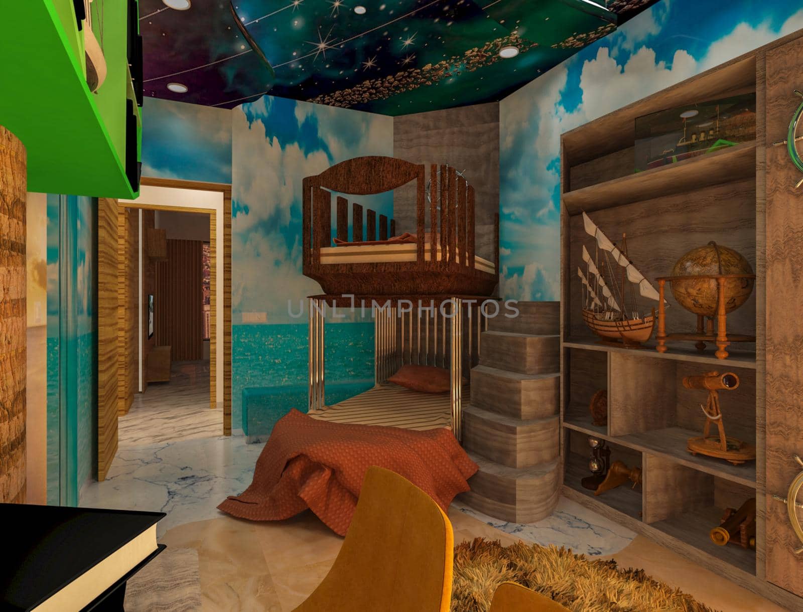 3D rendered ship theme kid's bedroom. theme interior for children's enjoying.