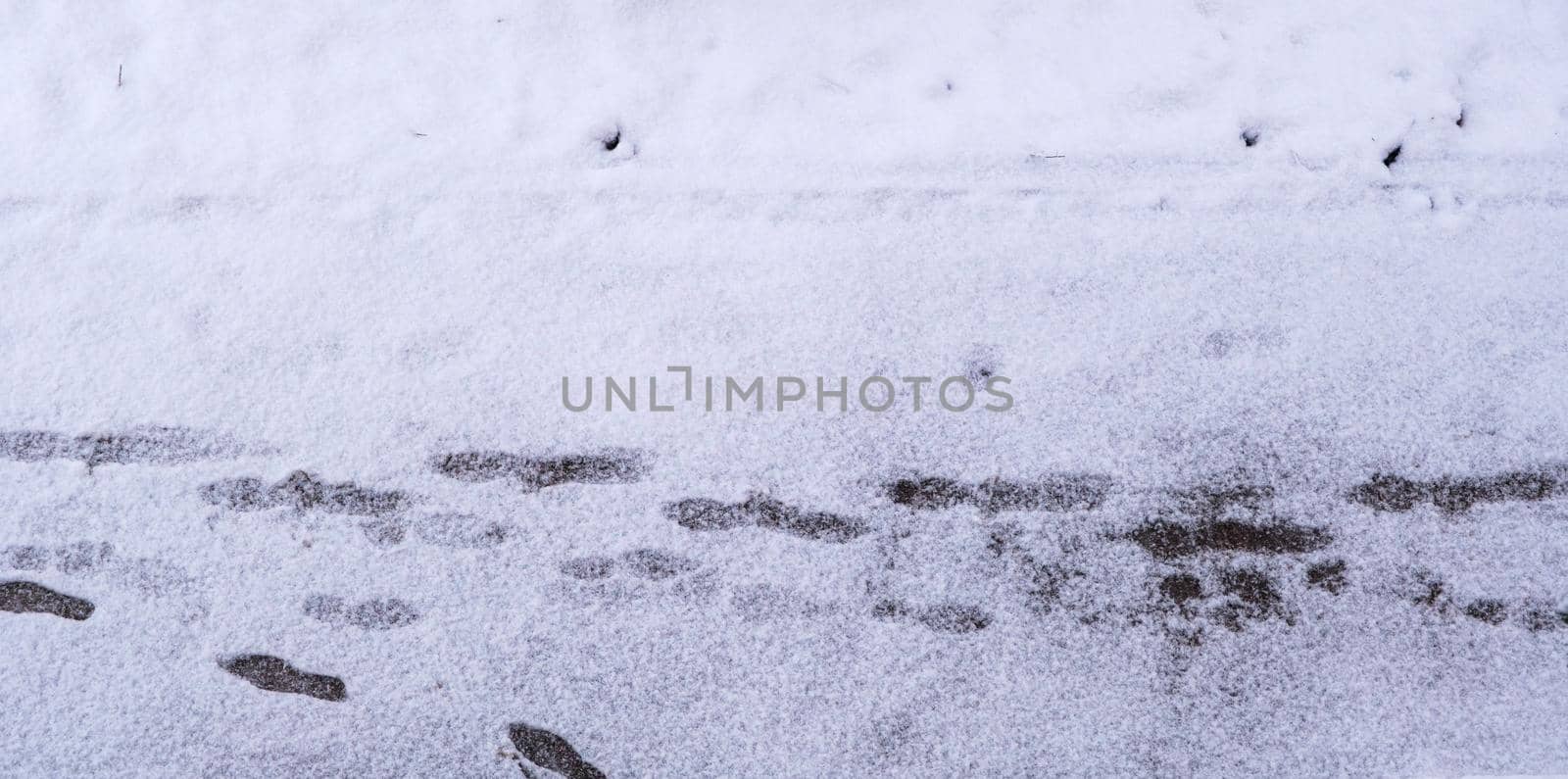 Aerial view of a human footprints in the snow