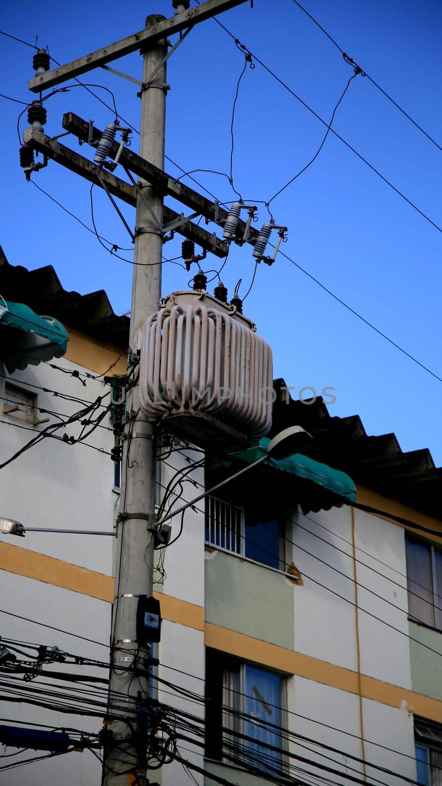 salvador, bahia / brazil - july 4, 2020: a transformer is seen on a grid post in the city of Salvador.