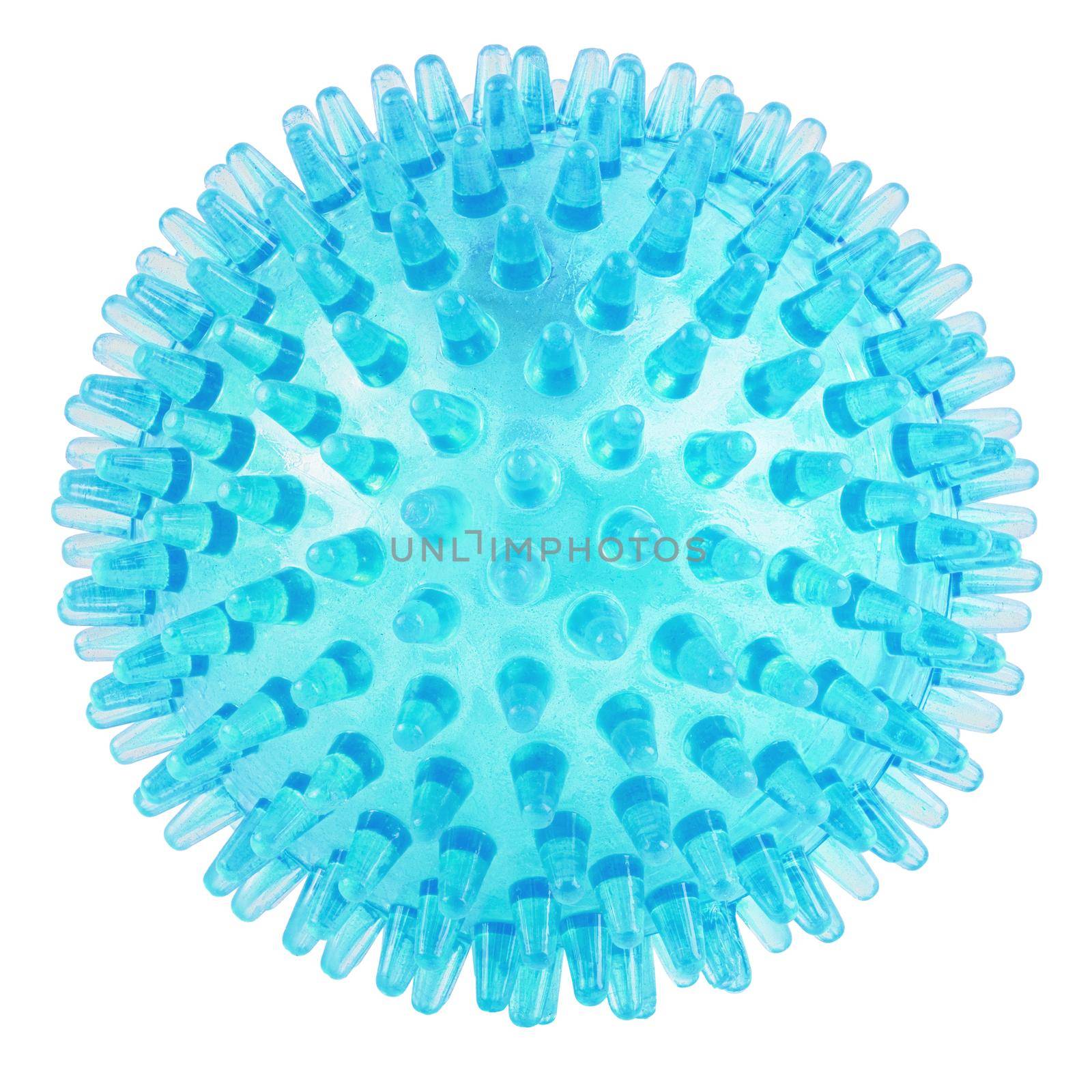 transparent cyan blue spiked plastic ball isolated on white background - massager, dog toy and COVID-19 symbol by z1b