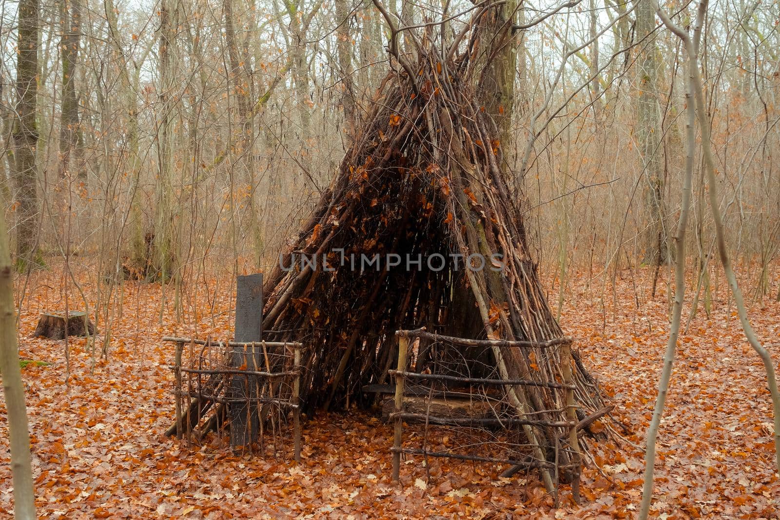 hut made of branches for animals on a forest