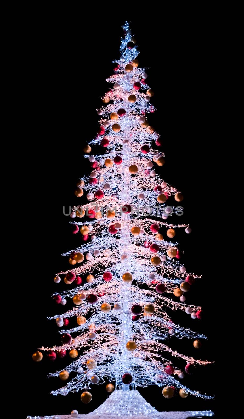 large white fir tree decorated with Christmas lights at night
