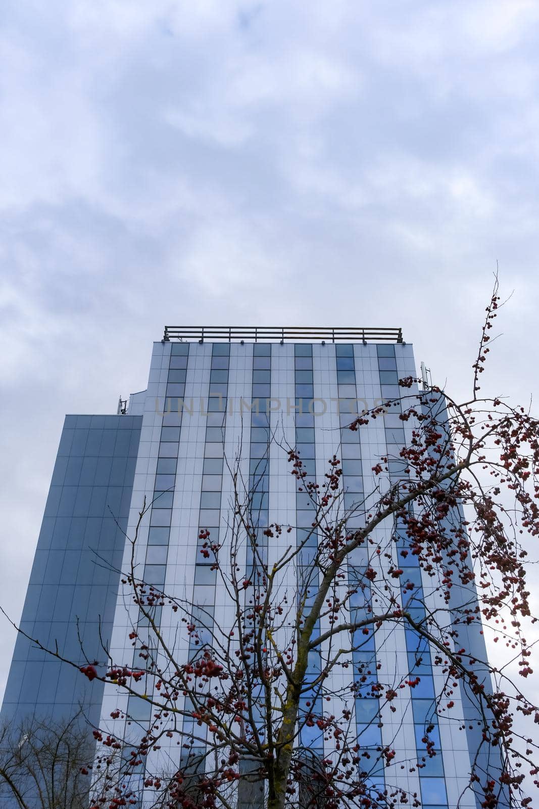 the blue glass building on cloudy sky