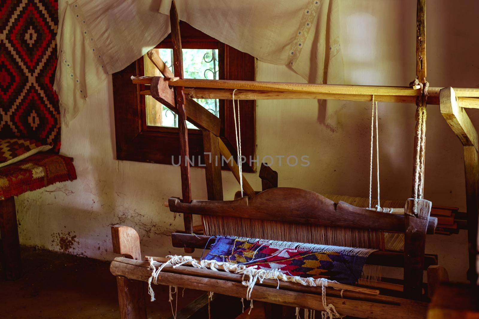 Traditional Romanian folk house interior with tissue war