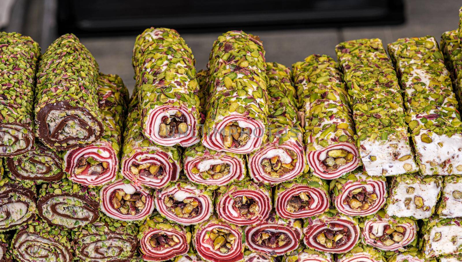 Variety of Turkish signature local foods known as Turkish Delight available for sale mostly in all areas in Turkey country