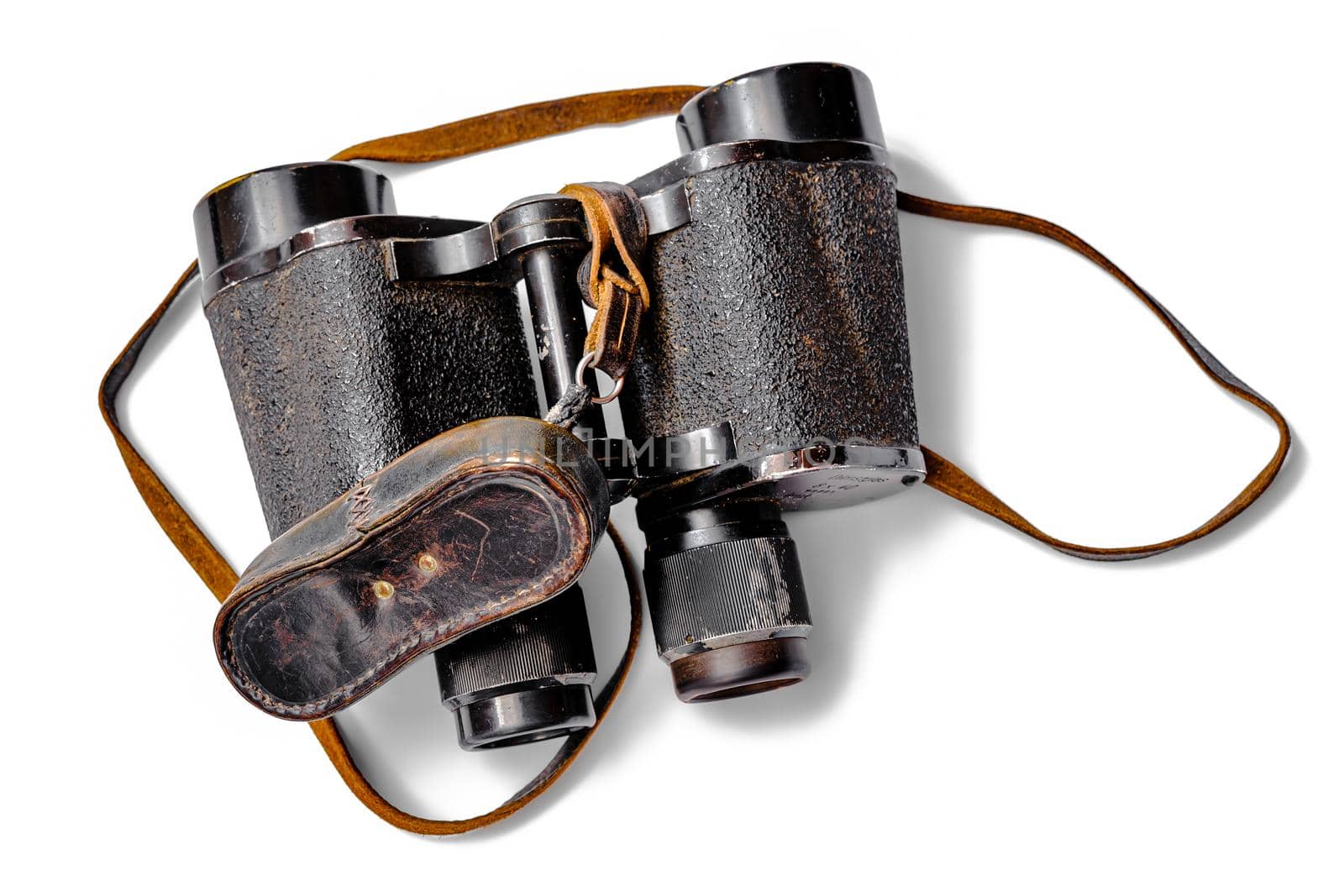 Sibiu city, Romania - 17 January, 2021. vintage World War Two era Dienstglas 8X40 BMK binocular on white background, top view