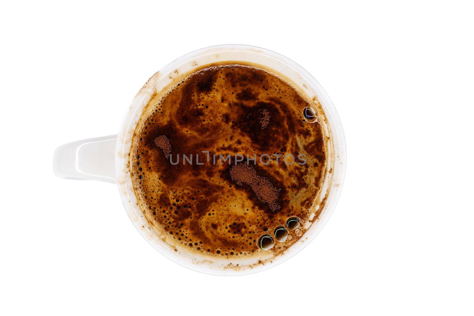 white coffee mug with hot instant coffee foam top view by Roberto