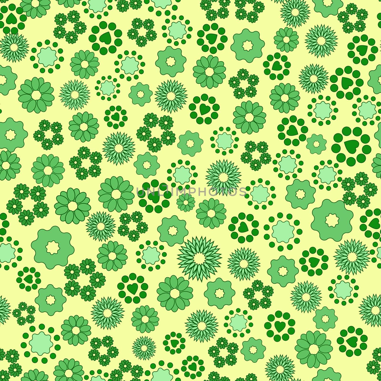 Seamless texture of green flowers and geometric elements.vector illustration