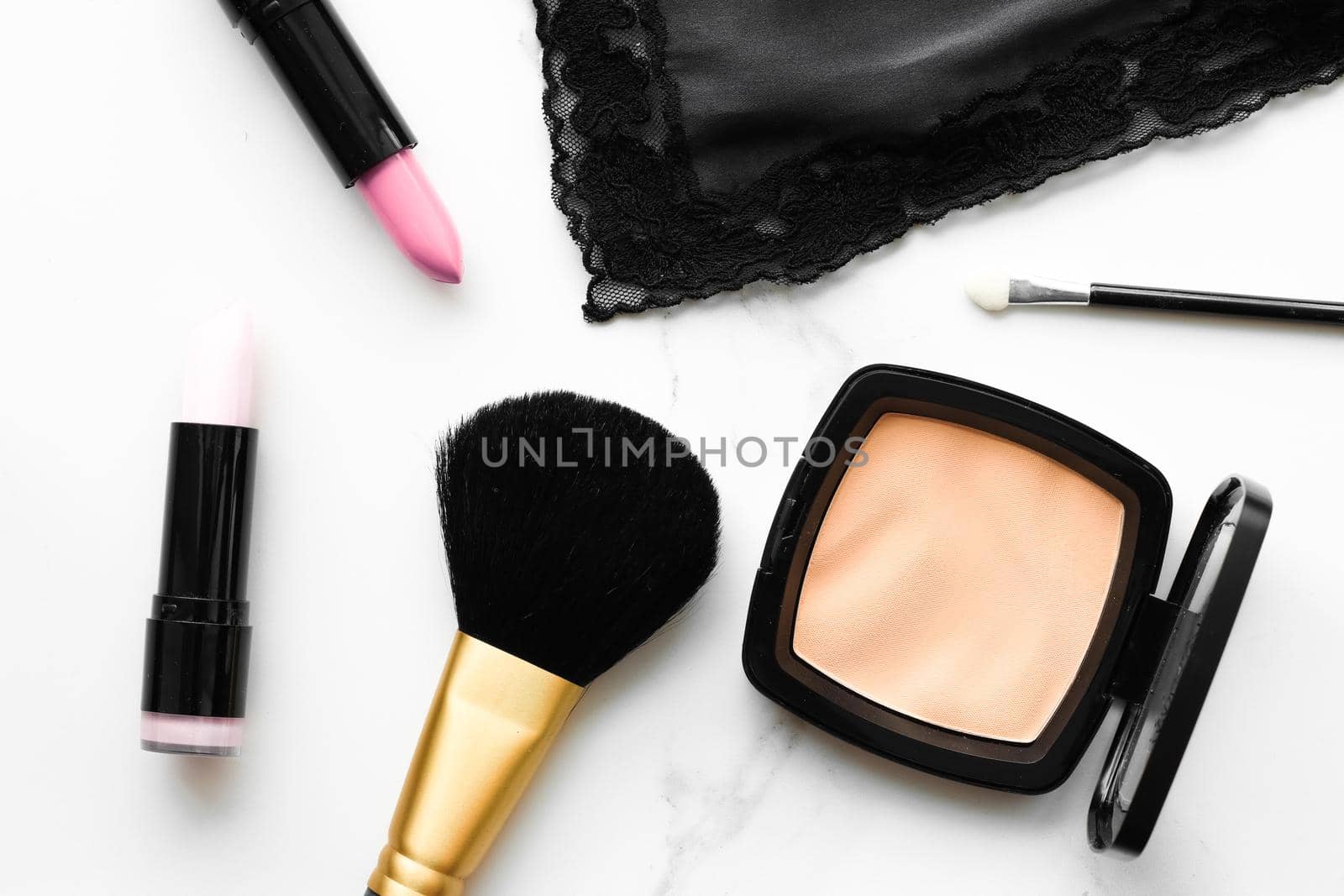 Make-up and cosmetics products on marble, flatlay background by Anneleven